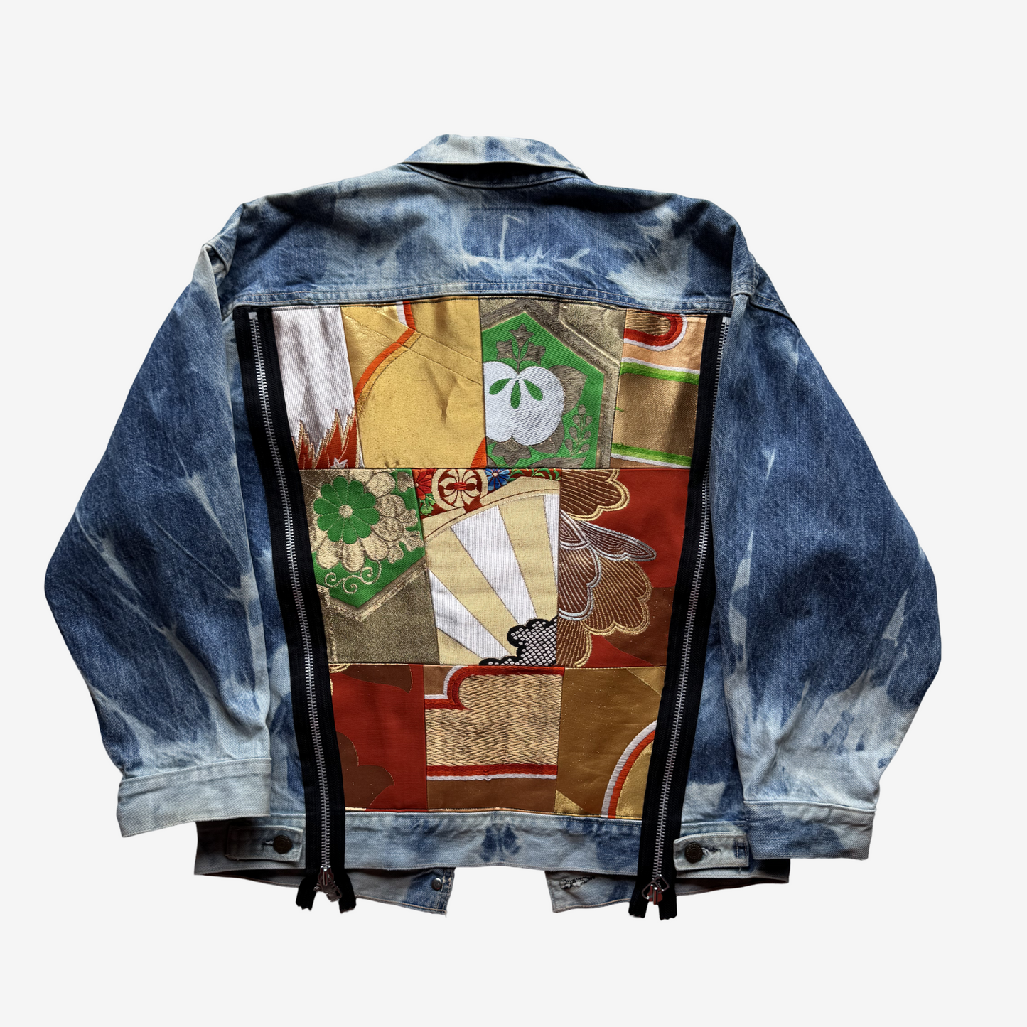 Cote Mer Kimono Obi Patchwork Japanese Remake Denim Jacket L XL Reconstructed Streetwear Wearable Art