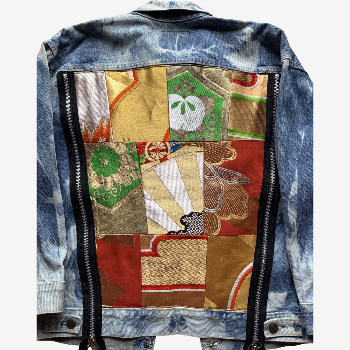 Cote Mer Kimono Obi Patchwork Japanese Remake Denim Jacket L XL Reconstructed Streetwear Wearable Art