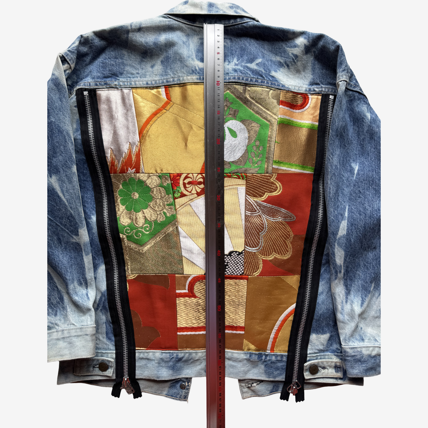 Cote Mer Kimono Obi Patchwork Japanese Remake Denim Jacket L XL Reconstructed Streetwear Wearable Art