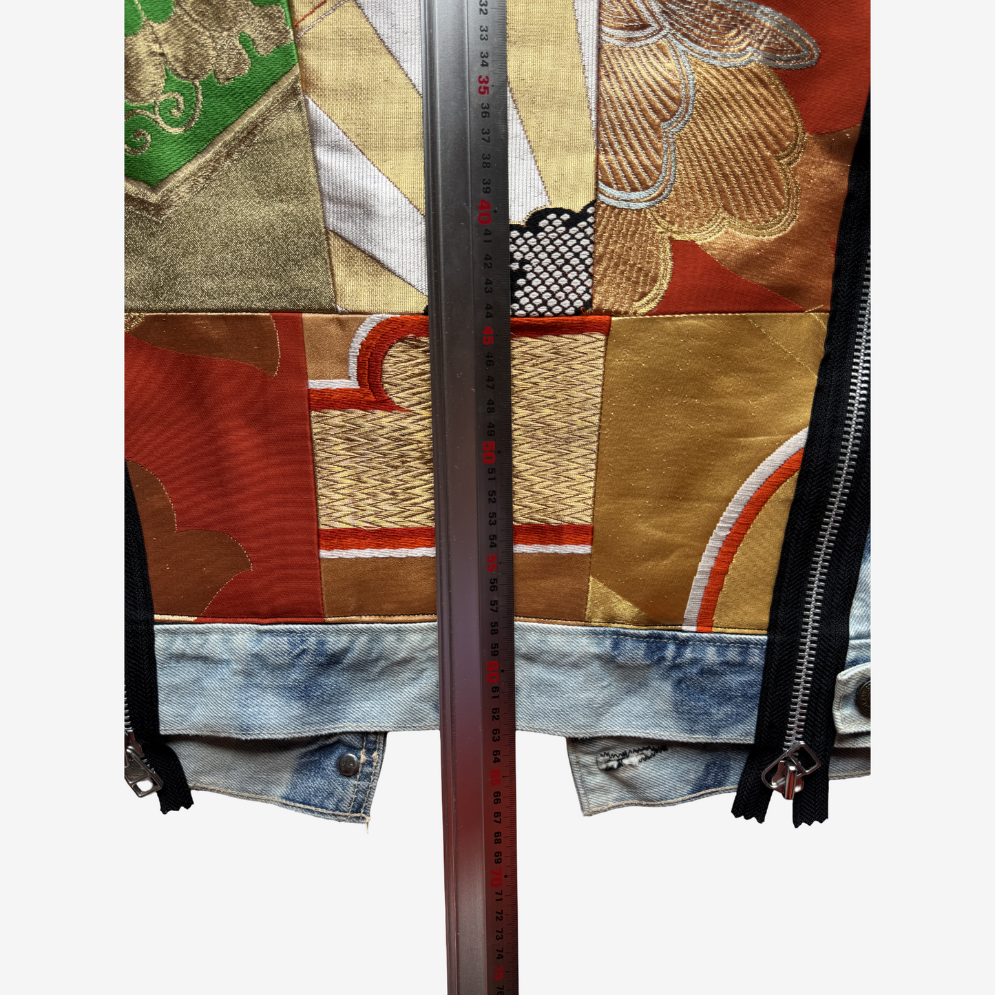 Cote Mer Kimono Obi Patchwork Japanese Remake Denim Jacket L XL Reconstructed Streetwear Wearable Art