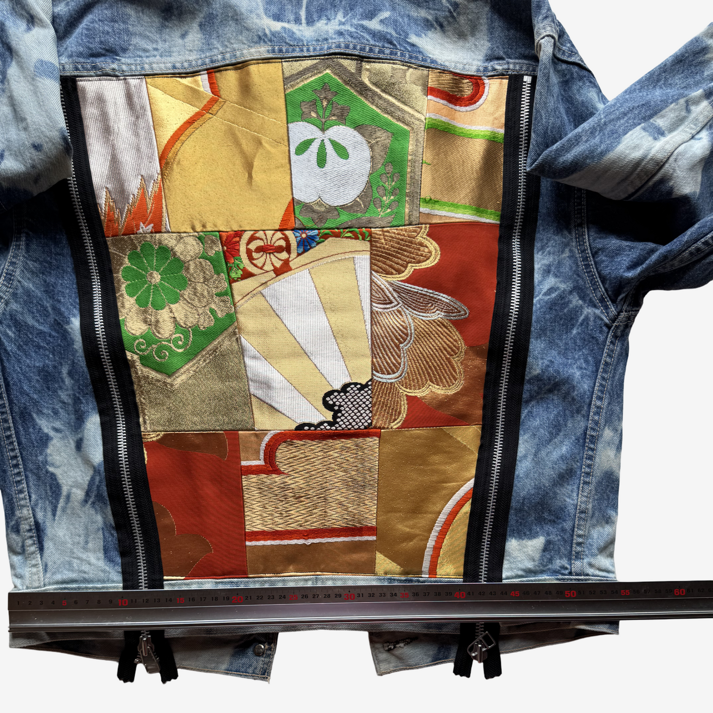 Cote Mer Kimono Obi Patchwork Japanese Remake Denim Jacket L XL Reconstructed Streetwear Wearable Art