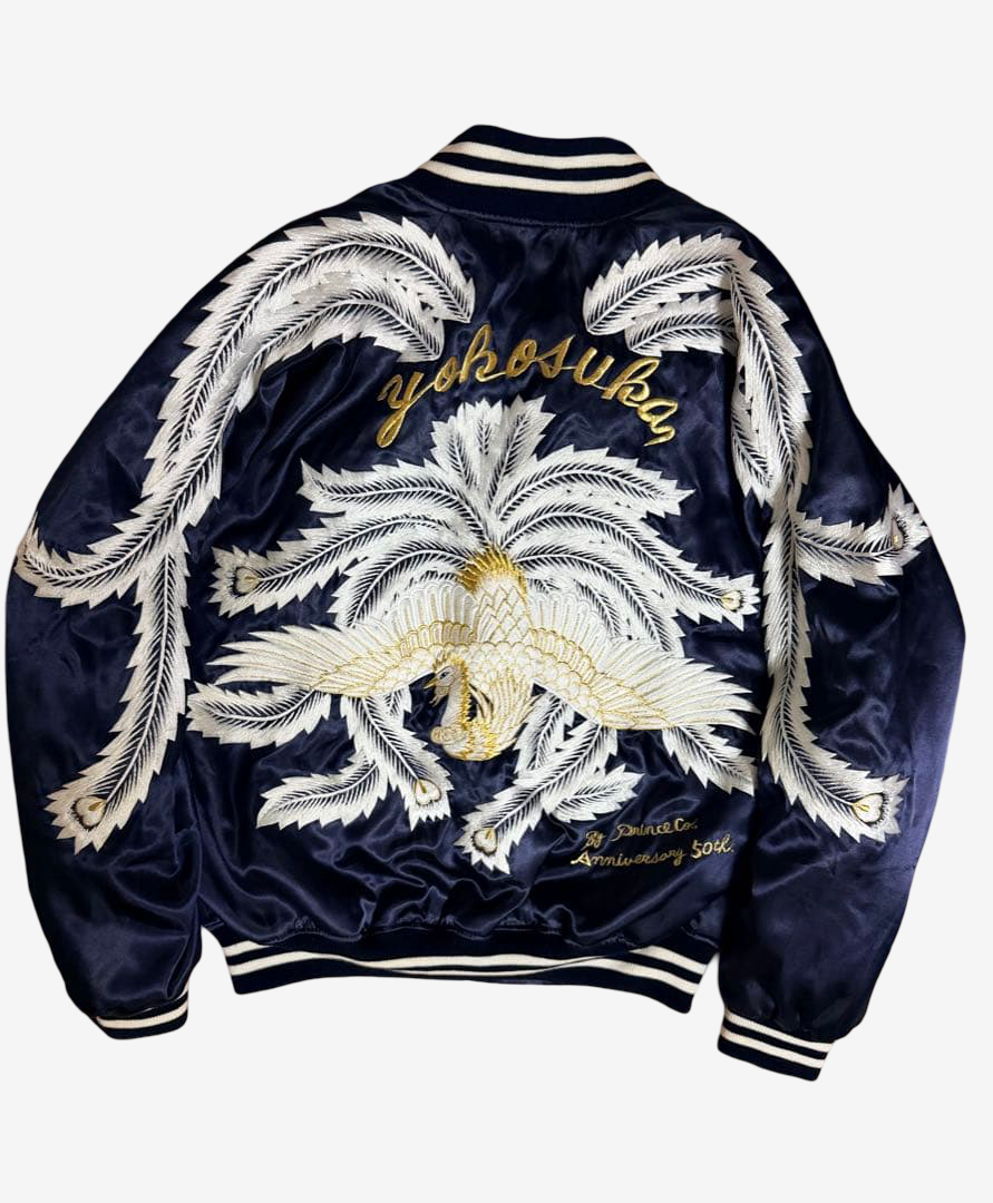 Rare 1997 Prince Shokai 50th Anniversary Yokosuka Sukajan Phoenix Palm Tree Embroidered Navy Satin Jacket Size L