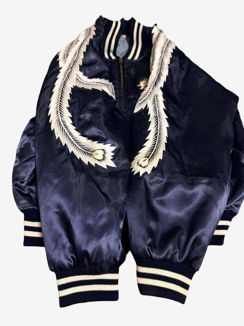 Rare 1997 Prince Shokai 50th Anniversary Yokosuka Sukajan Phoenix Palm Tree Embroidered Navy Satin Jacket Size L