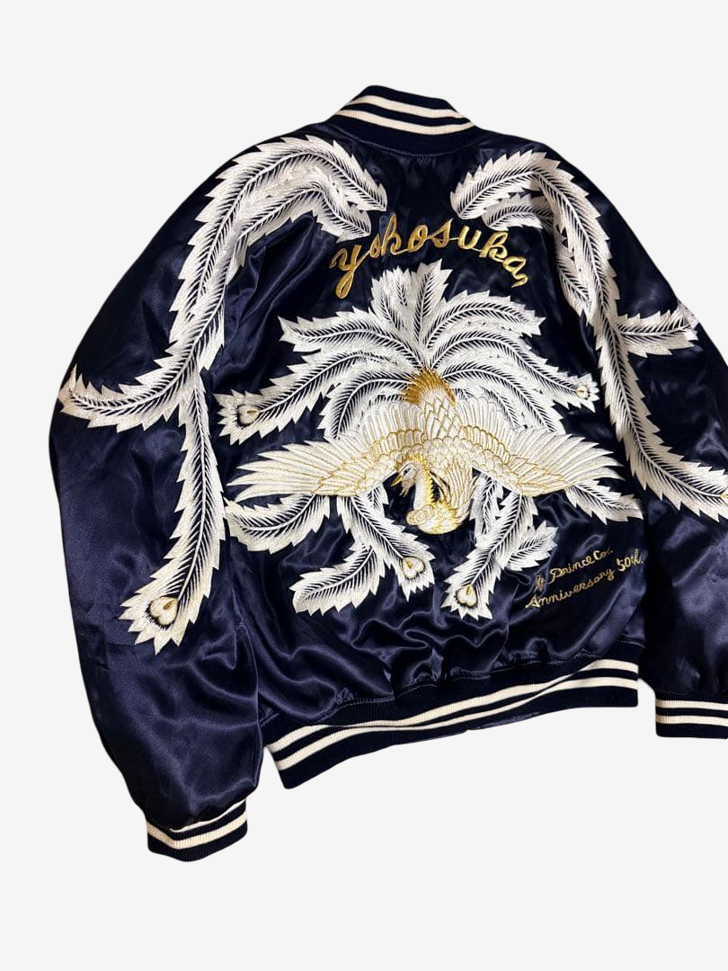 Rare 1997 Prince Shokai 50th Anniversary Yokosuka Sukajan Phoenix Palm Tree Embroidered Navy Satin Jacket Size L