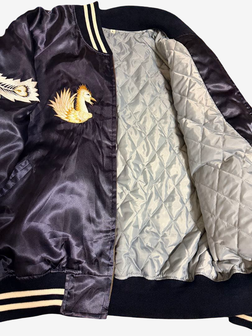 Rare 1997 Prince Shokai 50th Anniversary Yokosuka Sukajan Phoenix Palm Tree Embroidered Navy Satin Jacket Size L