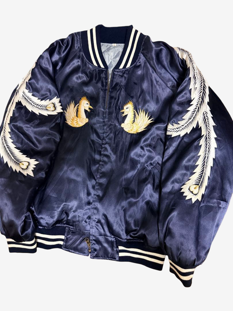 Rare 1997 Prince Shokai 50th Anniversary Yokosuka Sukajan Phoenix Palm Tree Embroidered Navy Satin Jacket Size L