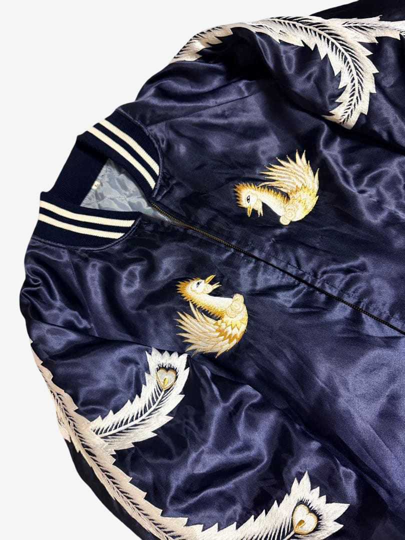 Rare 1997 Prince Shokai 50th Anniversary Yokosuka Sukajan Phoenix Palm Tree Embroidered Navy Satin Jacket Size L