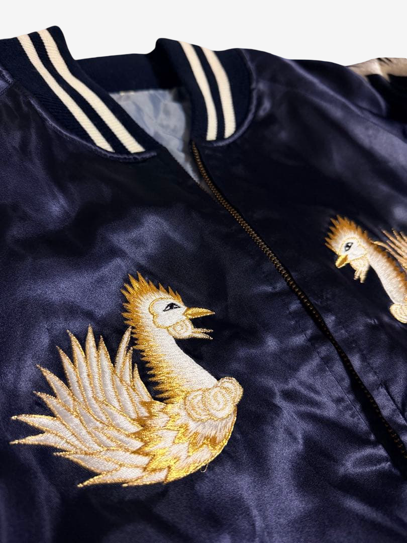 Rare 1997 Prince Shokai 50th Anniversary Yokosuka Sukajan Phoenix Palm Tree Embroidered Navy Satin Jacket Size L