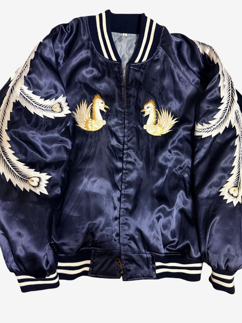 Rare 1997 Prince Shokai 50th Anniversary Yokosuka Sukajan Phoenix Palm Tree Embroidered Navy Satin Jacket Size L