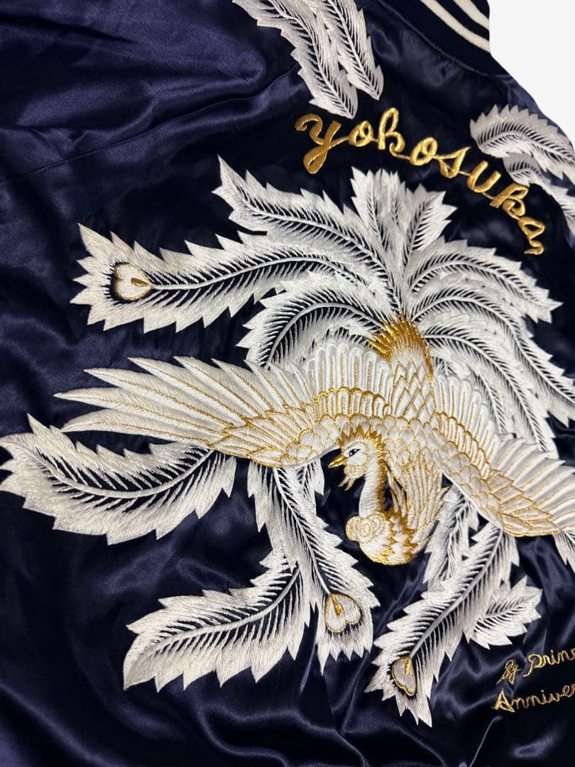 Rare 1997 Prince Shokai 50th Anniversary Yokosuka Sukajan Phoenix Palm Tree Embroidered Navy Satin Jacket Size L