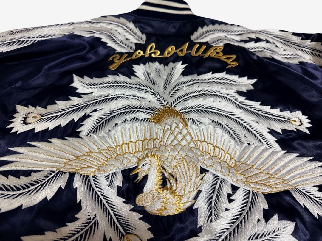 Rare 1997 Prince Shokai 50th Anniversary Yokosuka Sukajan Phoenix Palm Tree Embroidered Navy Satin Jacket Size L