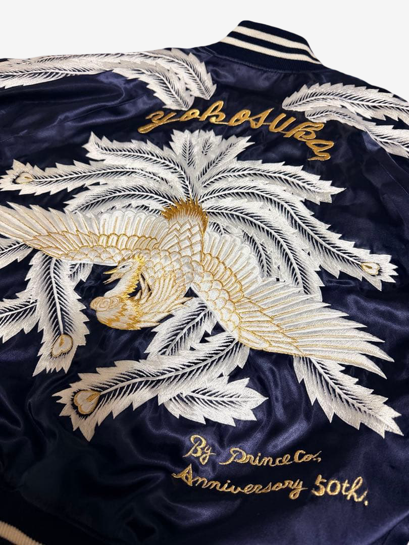 Rare 1997 Prince Shokai 50th Anniversary Yokosuka Sukajan Phoenix Palm Tree Embroidered Navy Satin Jacket Size L