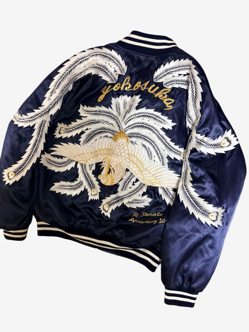 Rare 1997 Prince Shokai 50th Anniversary Yokosuka Sukajan Phoenix Palm Tree Embroidered Navy Satin Jacket Size L