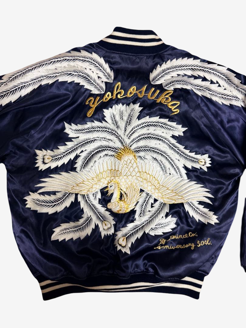 Rare 1997 Prince Shokai 50th Anniversary Yokosuka Sukajan Phoenix Palm Tree Embroidered Navy Satin Jacket Size L