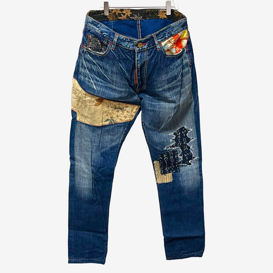 Vintage ETERNAL KURA 25405 Wagara Patchwork Jeans Size 32 Made in Japan Boro Style Tapered Denim