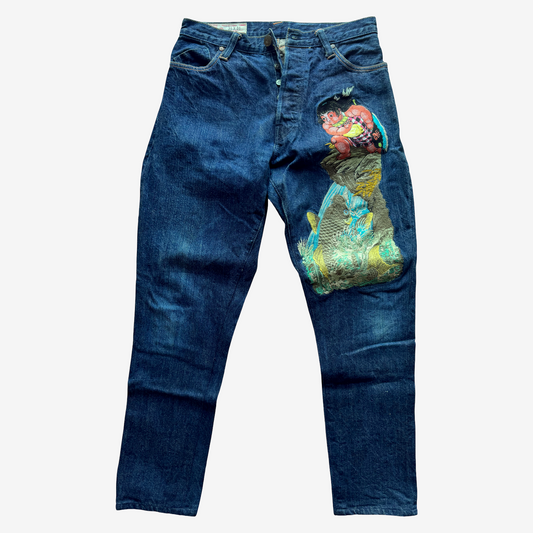 Vintage YAMANE EVISU Kintaro Koi Embroidered Jeans W31 Tapered Japanese Amekaji Denim Lot 1926