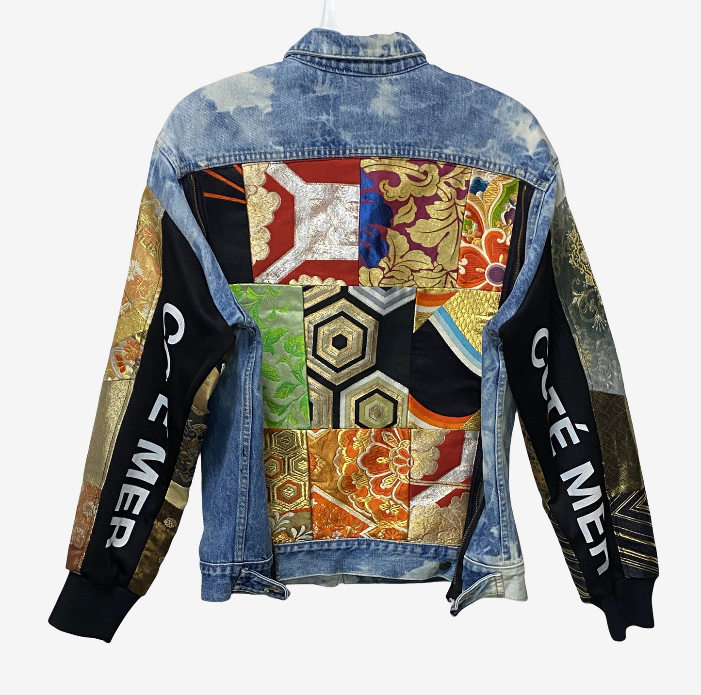 Cote Mer Kimono Obi Patchwork Denim Jacket L XL Japanese Remake Guess Acid Wash One of One Wearable Art Streetwear