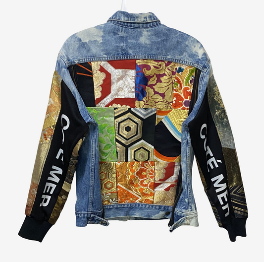 Cote Mer Kimono Obi Patchwork Denim Jacket L XL Japanese Remake Guess Acid Wash One of One Wearable Art Streetwear