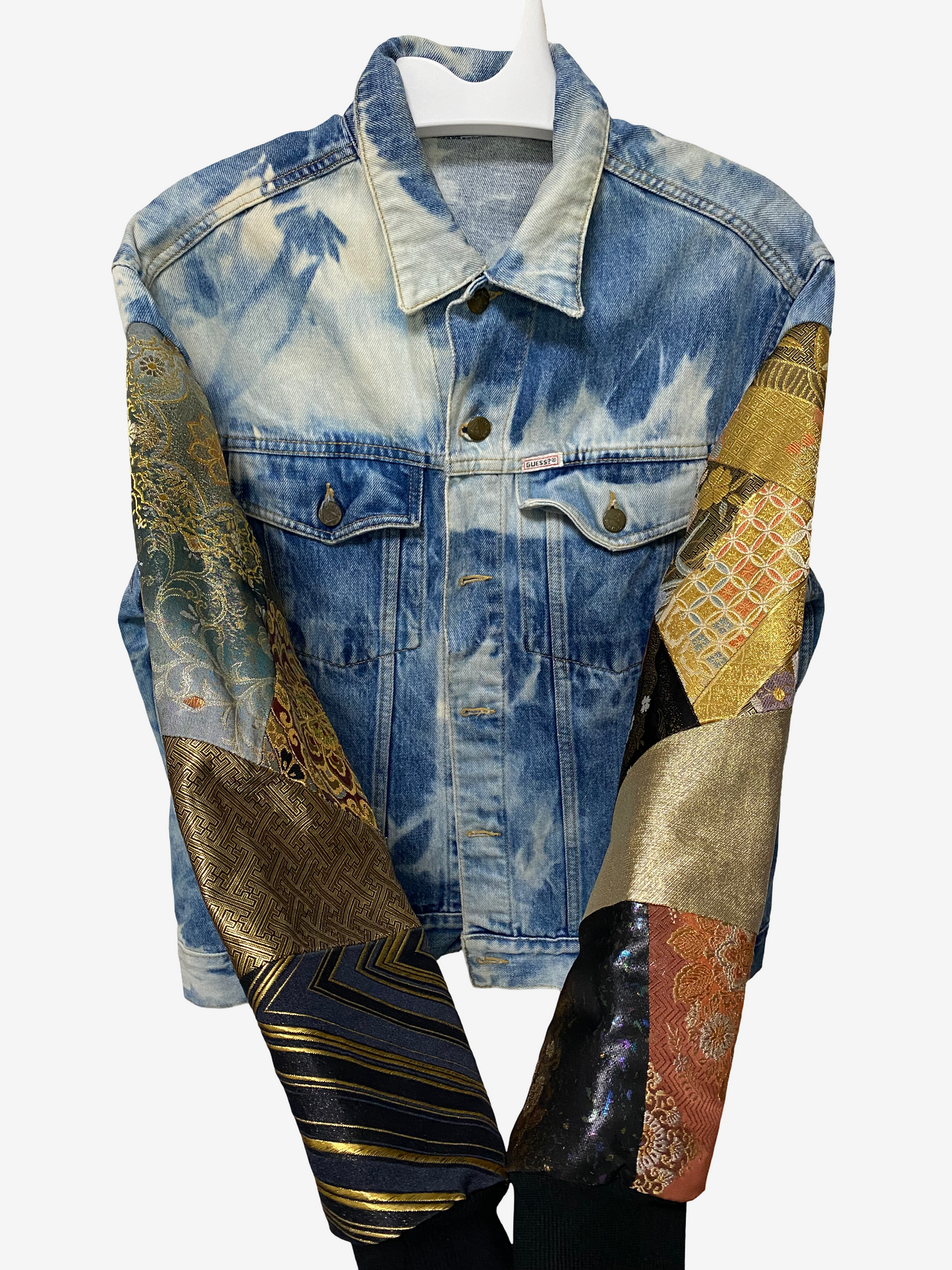 Cote Mer Kimono Obi Patchwork Denim Jacket L XL Japanese Remake Guess Acid Wash One of One Wearable Art Streetwear