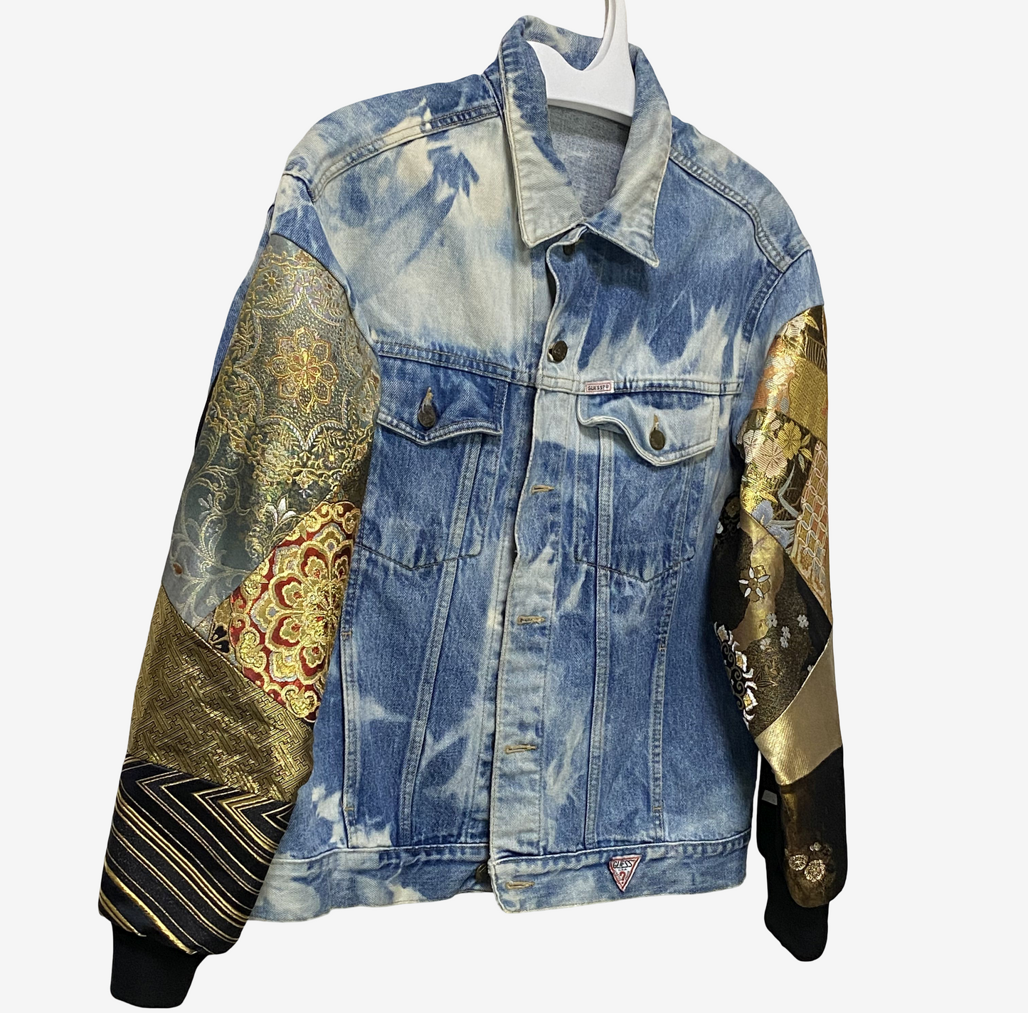 Cote Mer Kimono Obi Patchwork Denim Jacket L XL Japanese Remake Guess Acid Wash One of One Wearable Art Streetwear