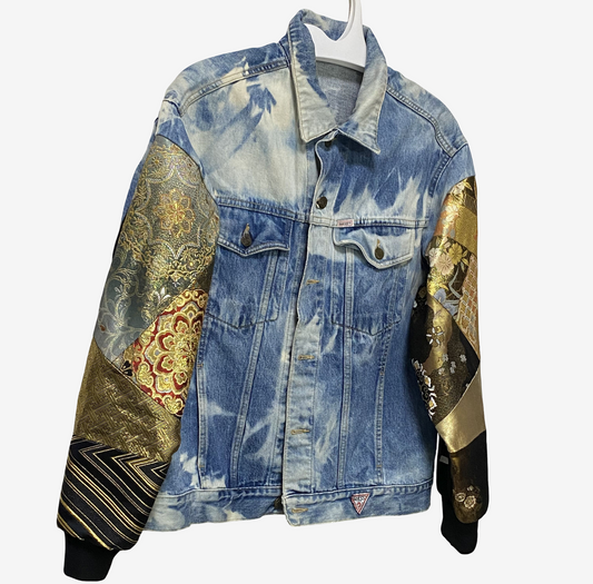Cote Mer Kimono Obi Patchwork Denim Jacket L XL Japanese Remake Guess Acid Wash One of One Wearable Art Streetwear