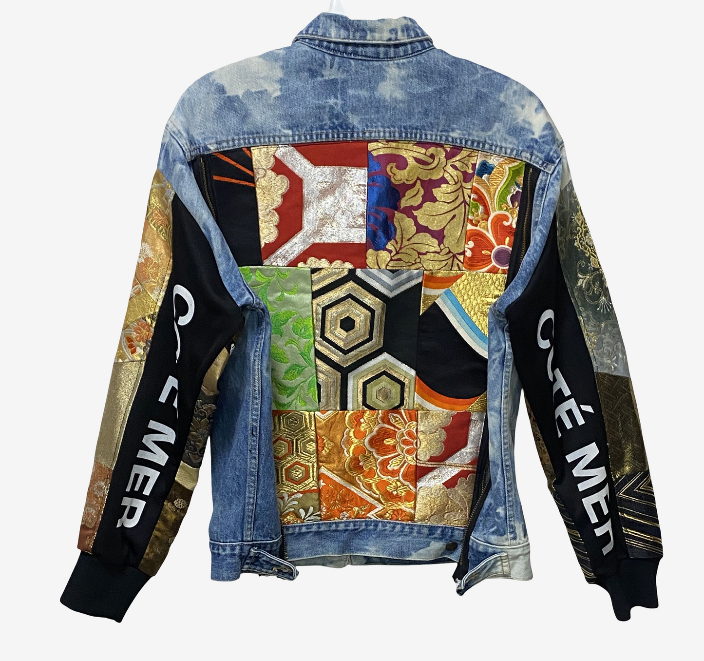 Cote Mer Kimono Obi Patchwork Denim Jacket L XL Japanese Remake Guess Acid Wash One of One Wearable Art Streetwear