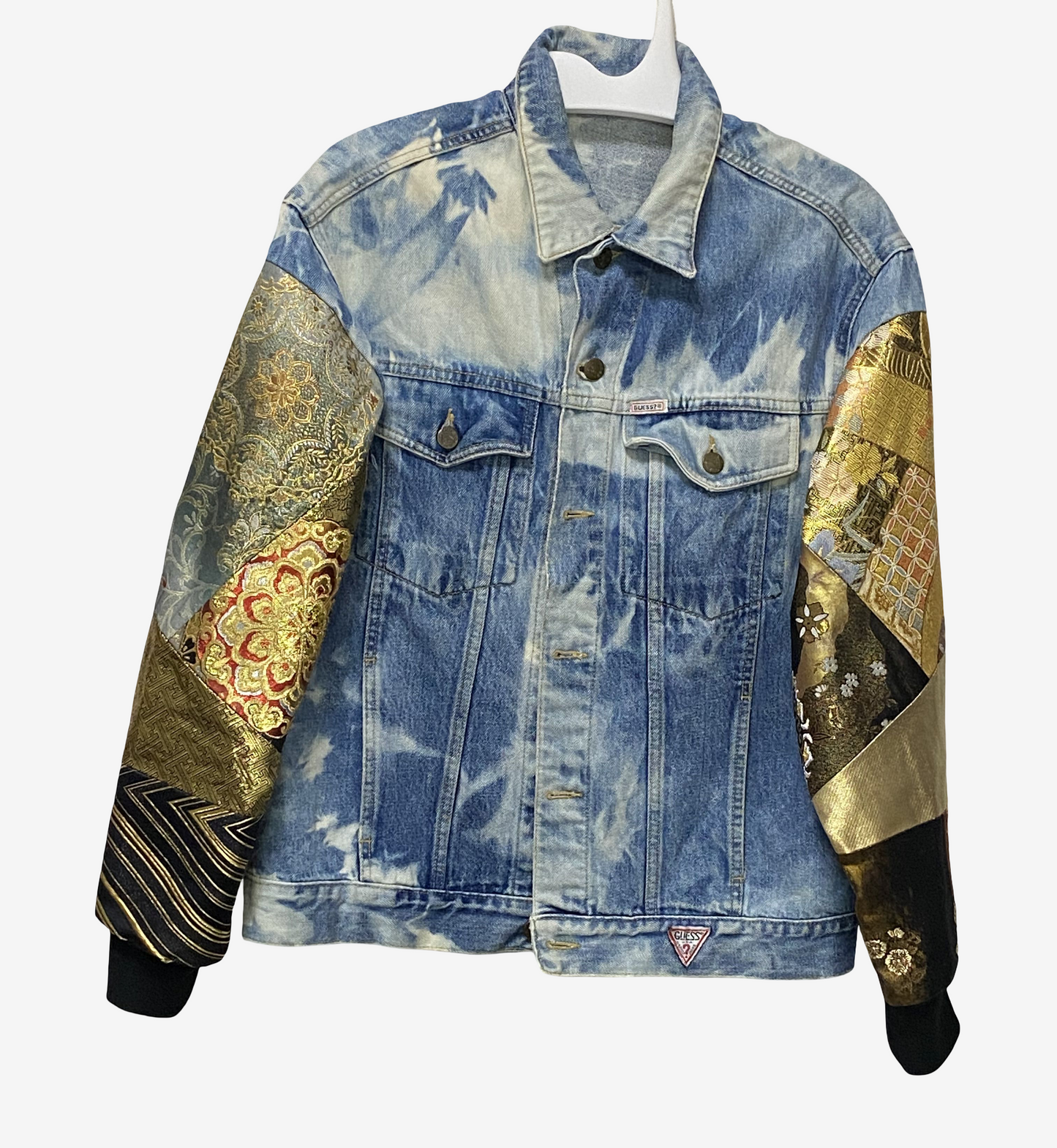 Cote Mer Kimono Obi Patchwork Denim Jacket L XL Japanese Remake Guess Acid Wash One of One Wearable Art Streetwear