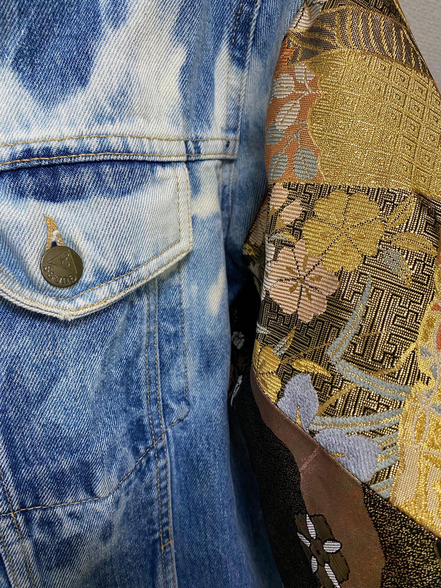 Cote Mer Kimono Obi Patchwork Denim Jacket L XL Japanese Remake Guess Acid Wash One of One Wearable Art Streetwear