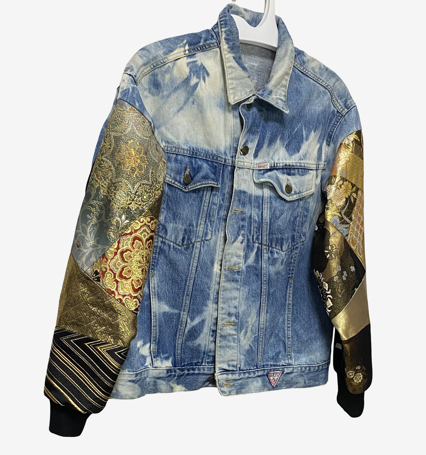 Cote Mer Kimono Obi Patchwork Denim Jacket L XL Japanese Remake Guess Acid Wash One of One Wearable Art Streetwear