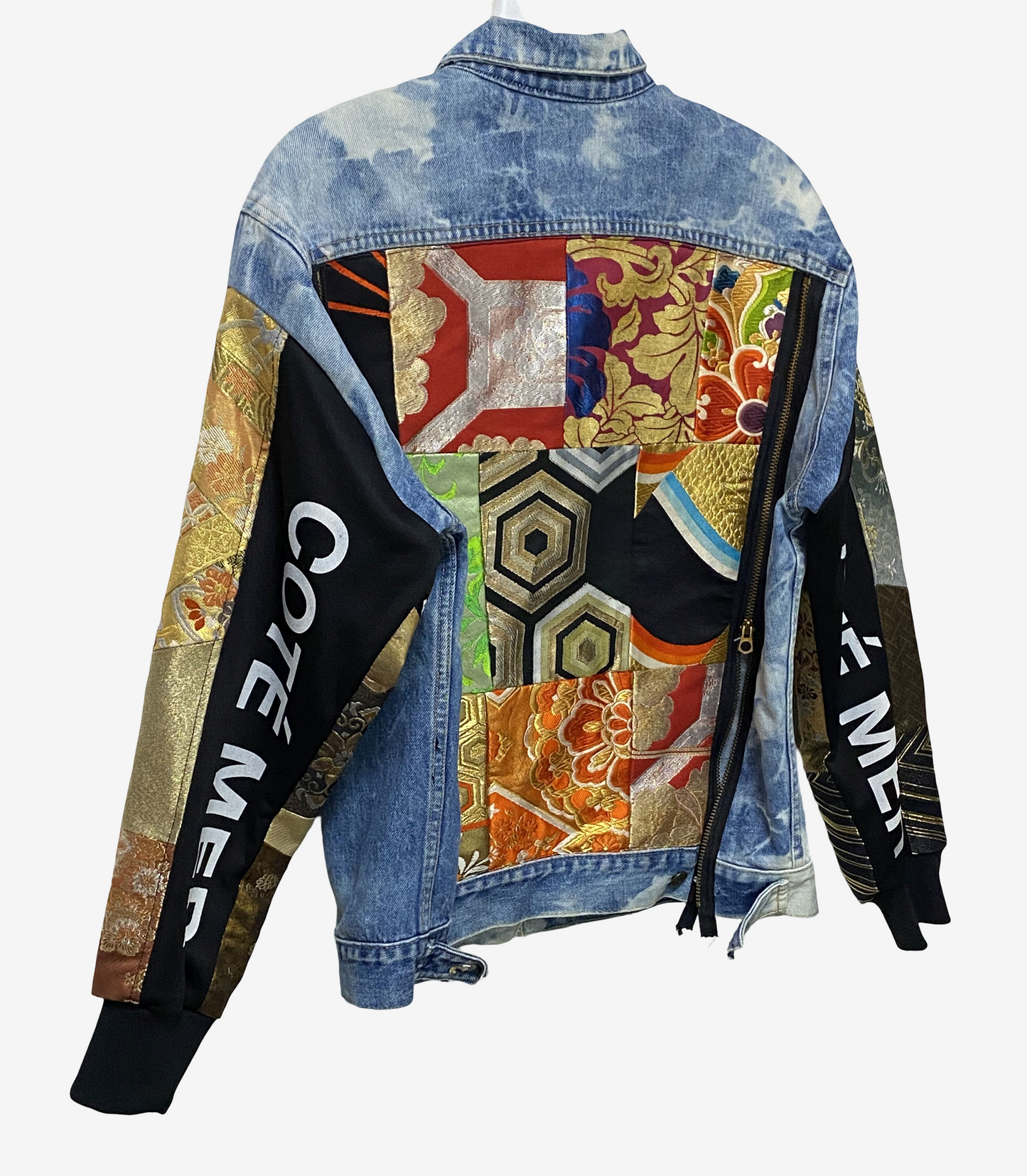Cote Mer Kimono Obi Patchwork Denim Jacket L XL Japanese Remake Guess Acid Wash One of One Wearable Art Streetwear