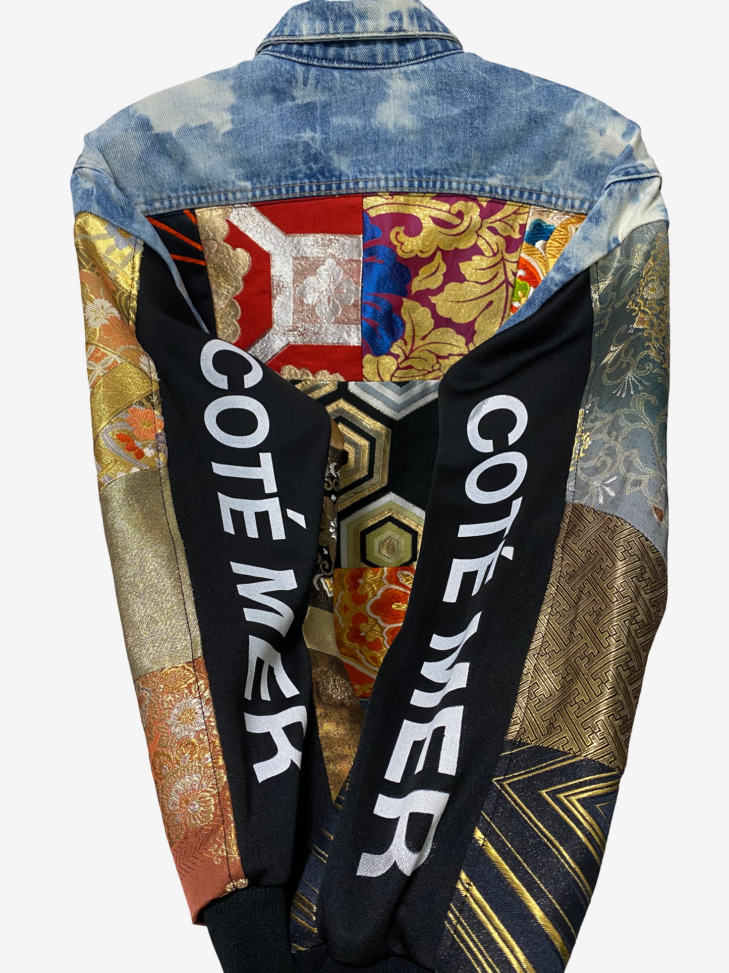 Cote Mer Kimono Obi Patchwork Denim Jacket L XL Japanese Remake Guess Acid Wash One of One Wearable Art Streetwear