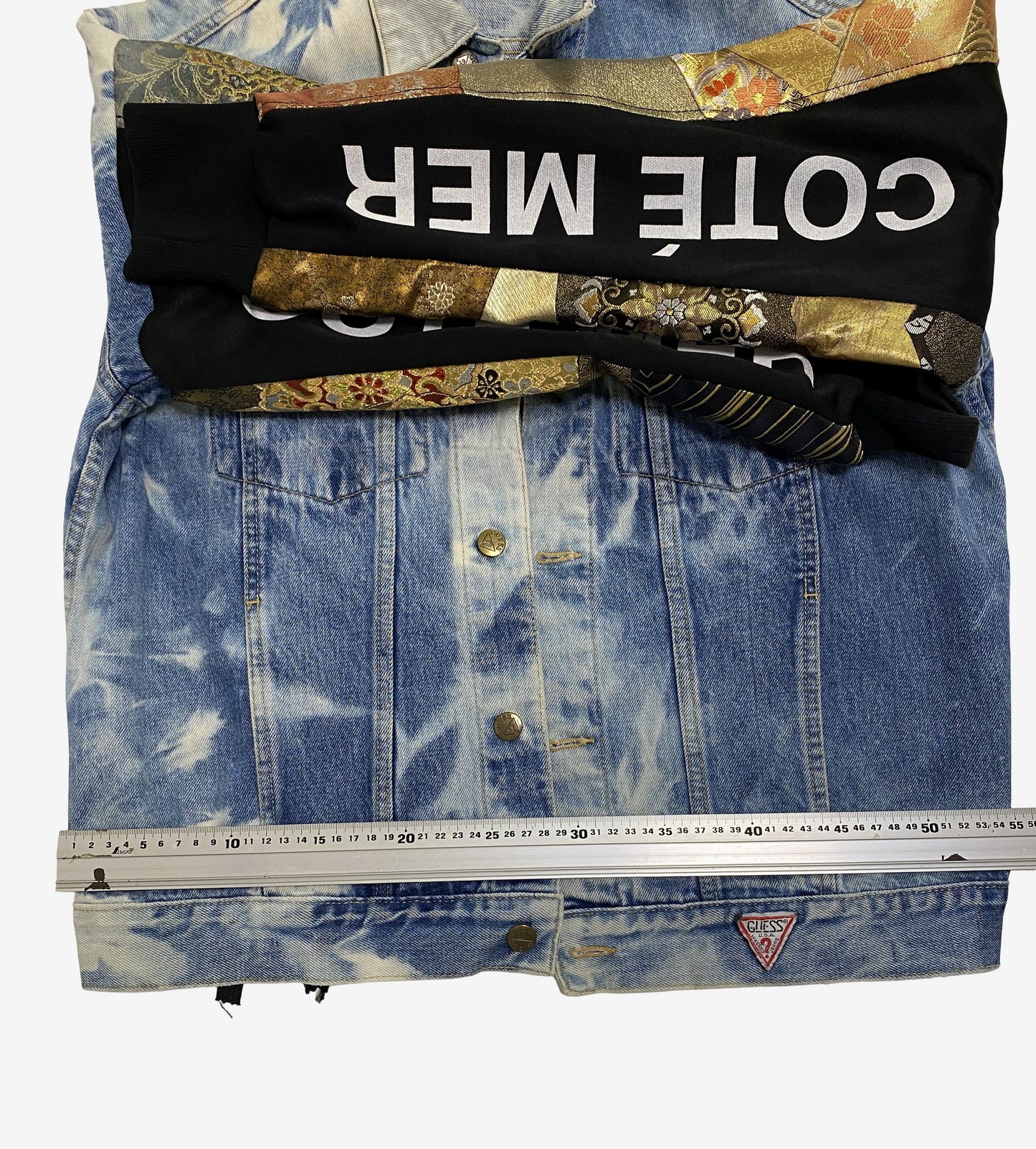 Cote Mer Kimono Obi Patchwork Denim Jacket L XL Japanese Remake Guess Acid Wash One of One Wearable Art Streetwear