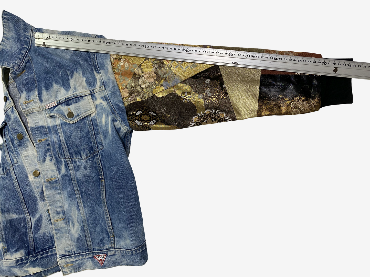 Cote Mer Kimono Obi Patchwork Denim Jacket L XL Japanese Remake Guess Acid Wash One of One Wearable Art Streetwear
