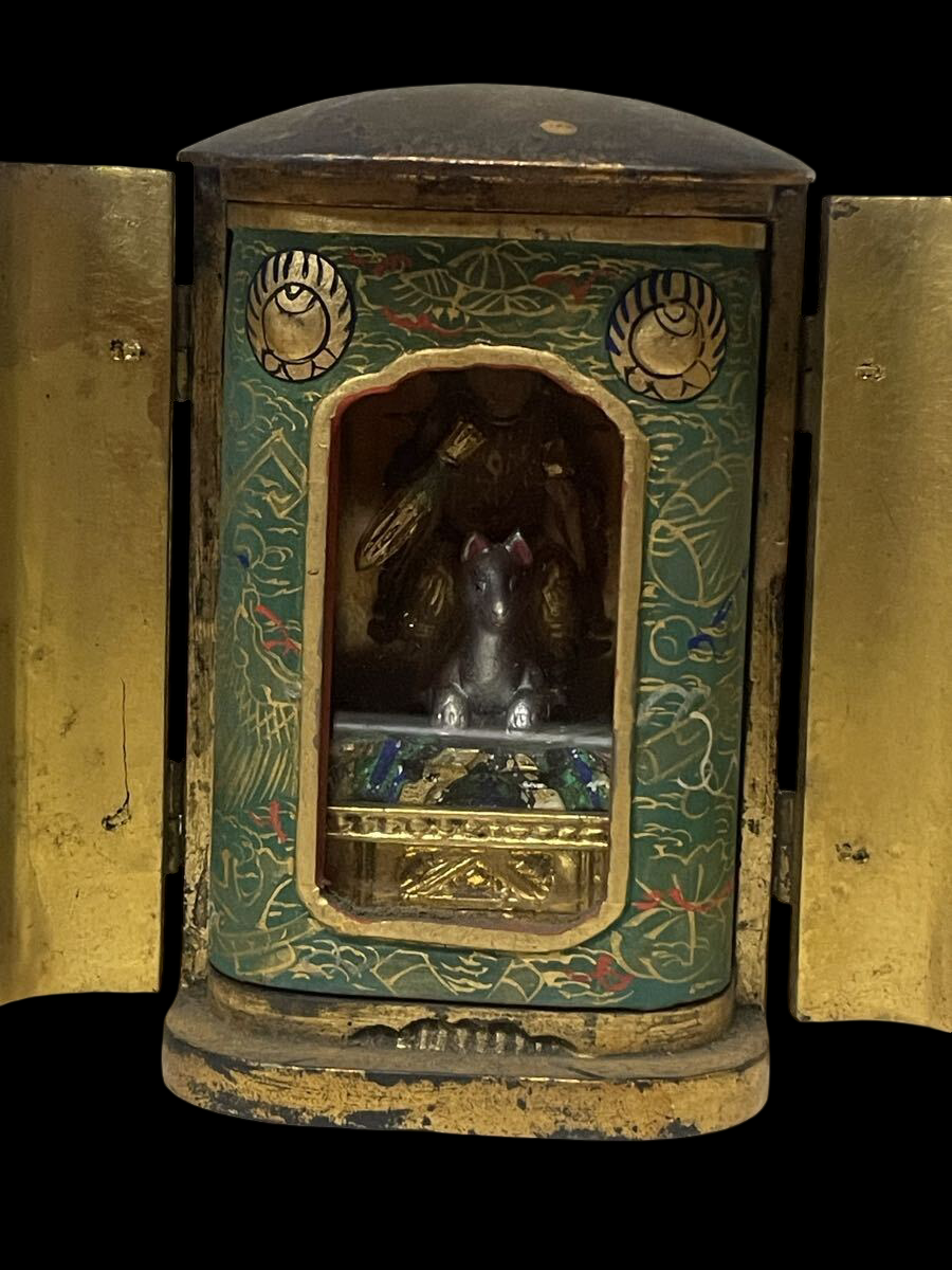 Miniature Zushi Shrine: Dakiniten with Fox Attendant — Gilt Interior, Hand-Painted Devotional Icon (Est. H13 cm) | Japanese Sacred Art