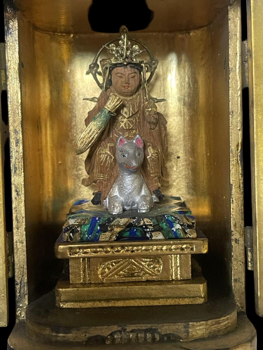 Miniature Zushi Shrine: Dakiniten with Fox Attendant — Gilt Interior, Hand-Painted Devotional Icon (Est. H13 cm) | Japanese Sacred Art