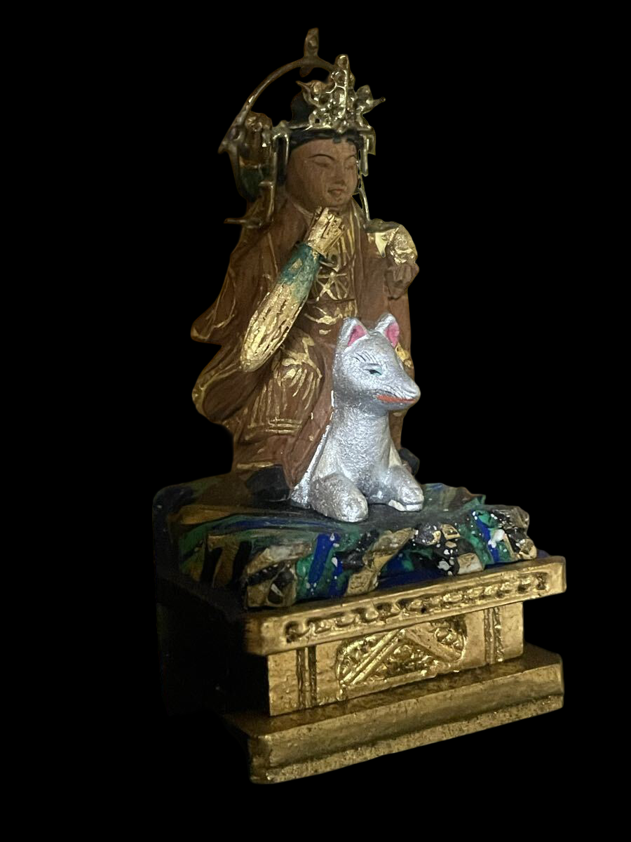 Miniature Zushi Shrine: Dakiniten with Fox Attendant — Gilt Interior, Hand-Painted Devotional Icon (Est. H13 cm) | Japanese Sacred Art