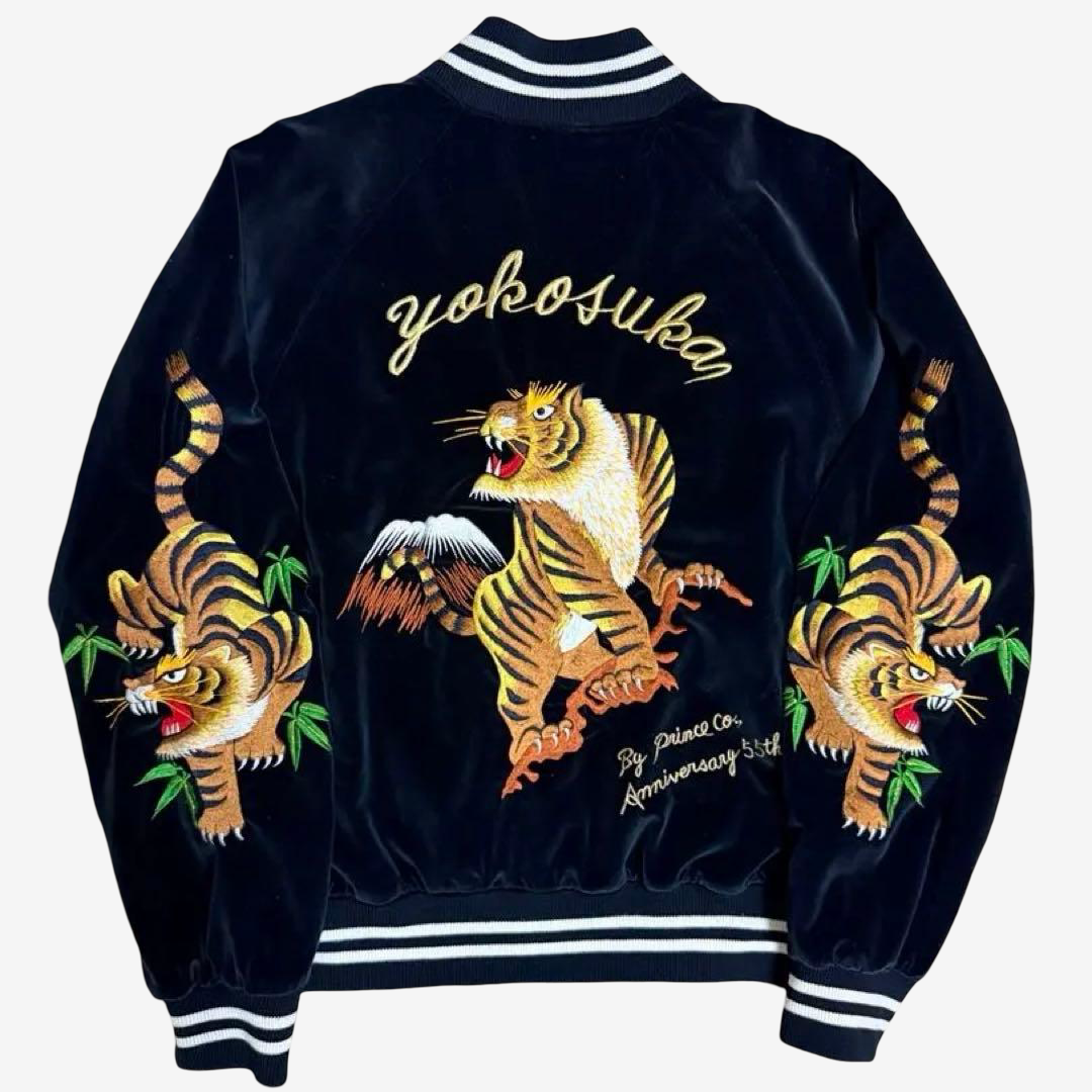 Rare Prince Shokai 55th Anniversary Tiger Yokosuka Sukajan Navy Satin Embroidered Souvenir Jacket