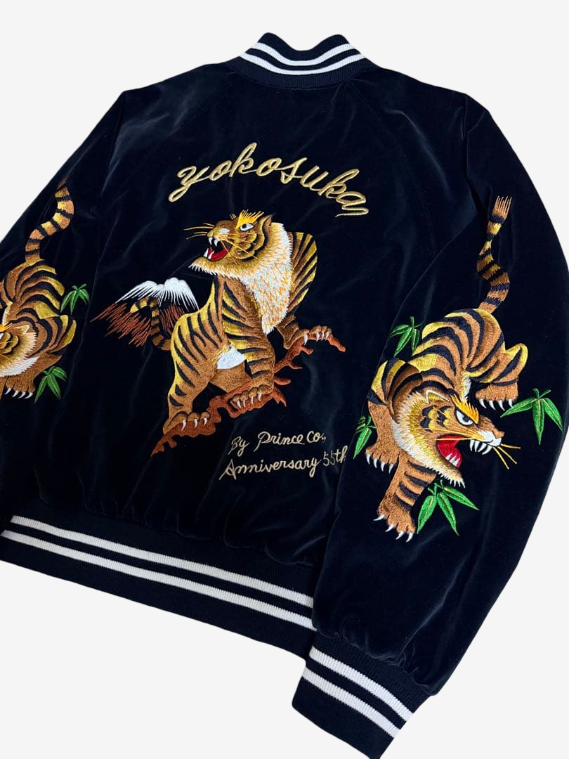 Rare Prince Shokai 55th Anniversary Tiger Yokosuka Sukajan Navy Satin Embroidered Souvenir Jacket