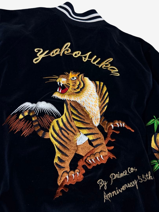 Rare Prince Shokai 55th Anniversary Tiger Yokosuka Sukajan Navy Satin Embroidered Souvenir Jacket