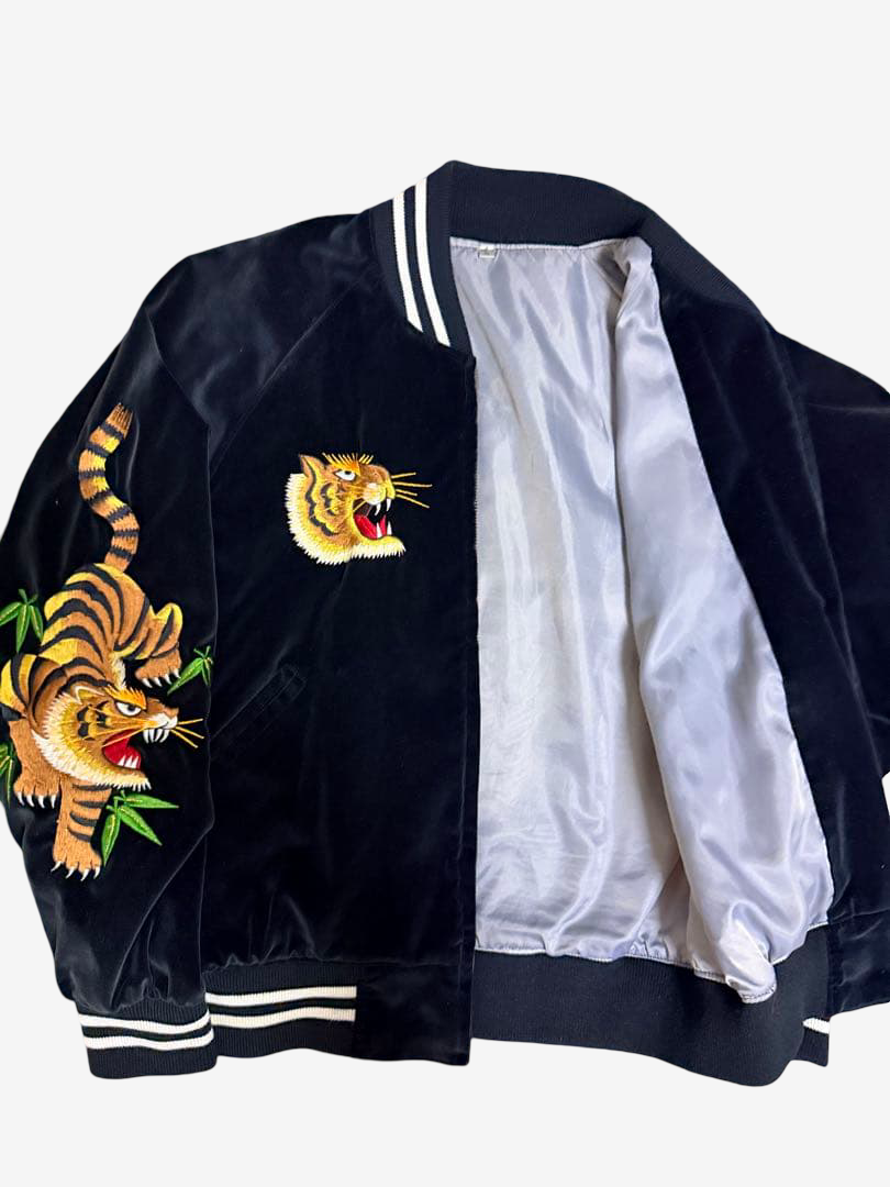Rare Prince Shokai 55th Anniversary Tiger Yokosuka Sukajan Navy Satin Embroidered Souvenir Jacket