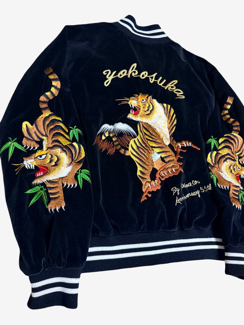 Rare Prince Shokai 55th Anniversary Tiger Yokosuka Sukajan Navy Satin Embroidered Souvenir Jacket