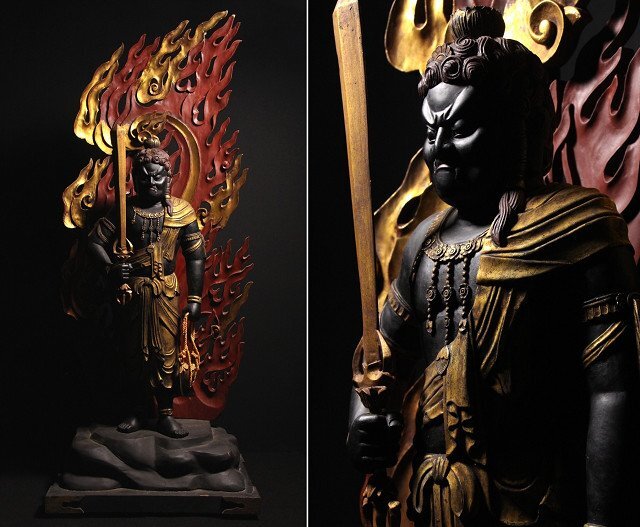 Monumental  Polychrome Fudo Myoo (Acala) Standing Guardian — Carved Wood Statue (~127 cm)