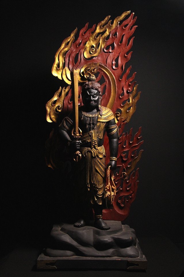 Monumental  Polychrome Fudo Myoo (Acala) Standing Guardian — Carved Wood Statue (~127 cm)