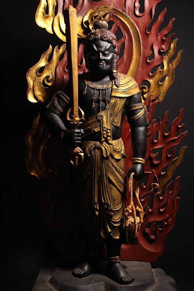 Monumental  Polychrome Fudo Myoo (Acala) Standing Guardian — Carved Wood Statue (~127 cm)