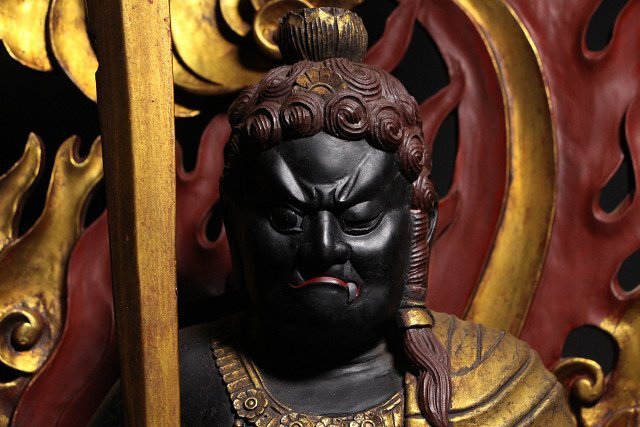 Monumental  Polychrome Fudo Myoo (Acala) Standing Guardian — Carved Wood Statue (~127 cm)