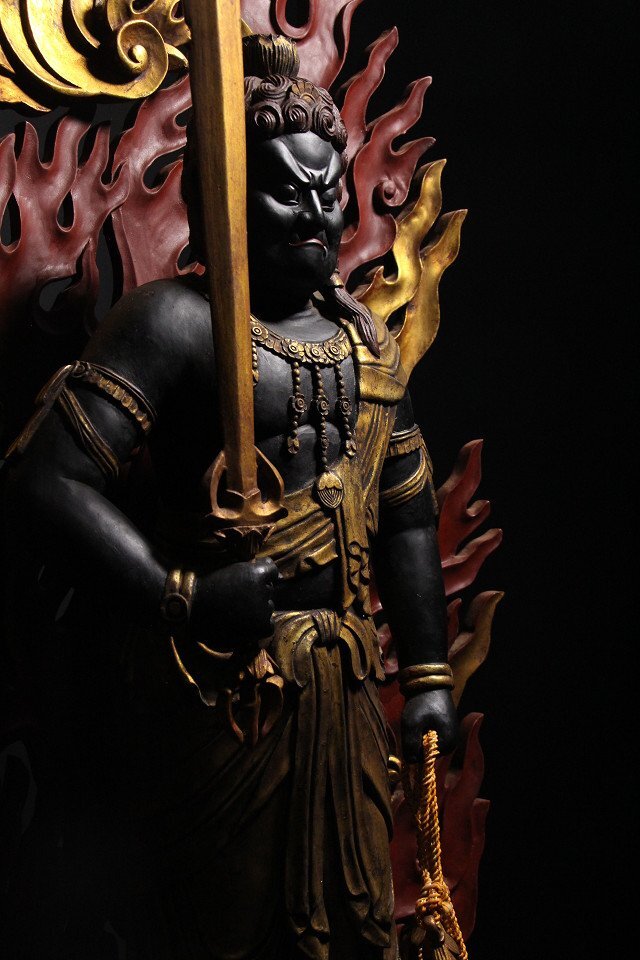 Monumental  Polychrome Fudo Myoo (Acala) Standing Guardian — Carved Wood Statue (~127 cm)