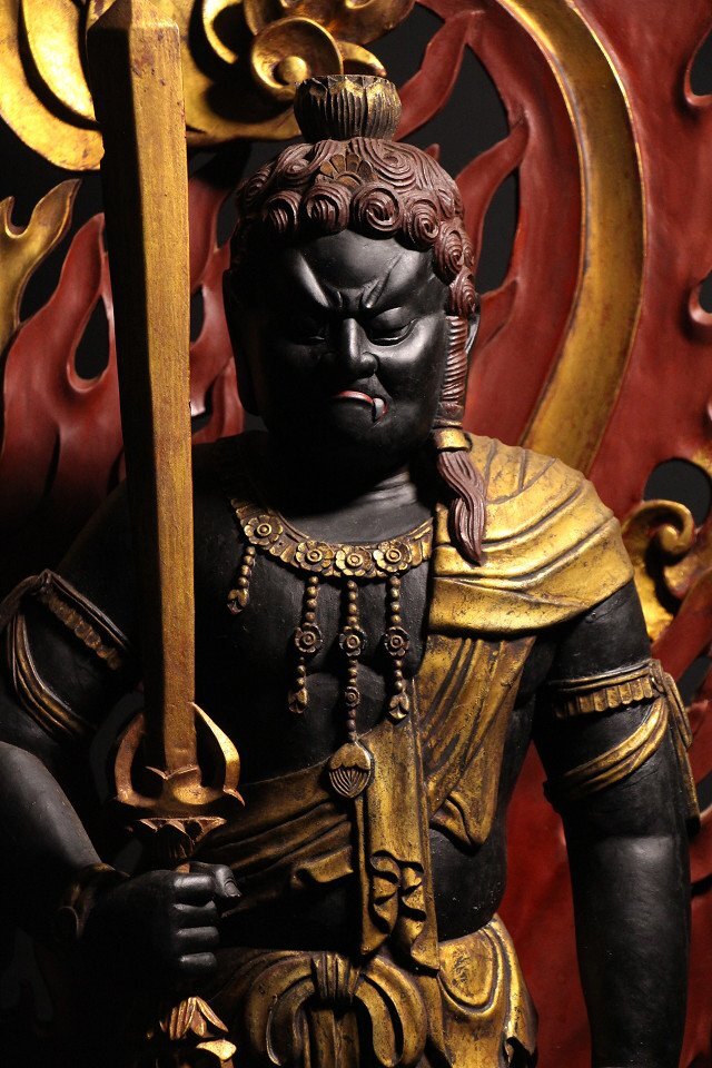 Monumental  Polychrome Fudo Myoo (Acala) Standing Guardian — Carved Wood Statue (~127 cm)