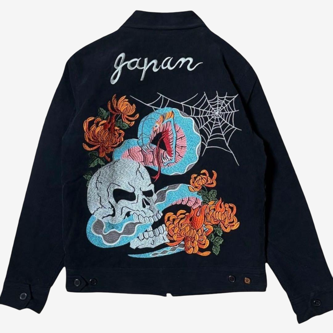 Rare Cropped Heads “REPAIR Production” Japanese Embroidered Skull × Snake × Kiku Chrysanthemum × Spider Web Jacket | Black Cotton Corduroy | Size M