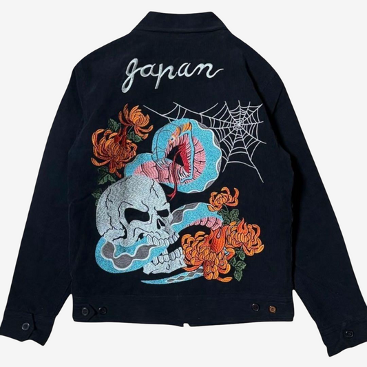 Rare Cropped Heads “REPAIR Production” Japanese Embroidered Skull × Snake × Kiku Chrysanthemum × Spider Web Jacket | Black Cotton Corduroy | Size M