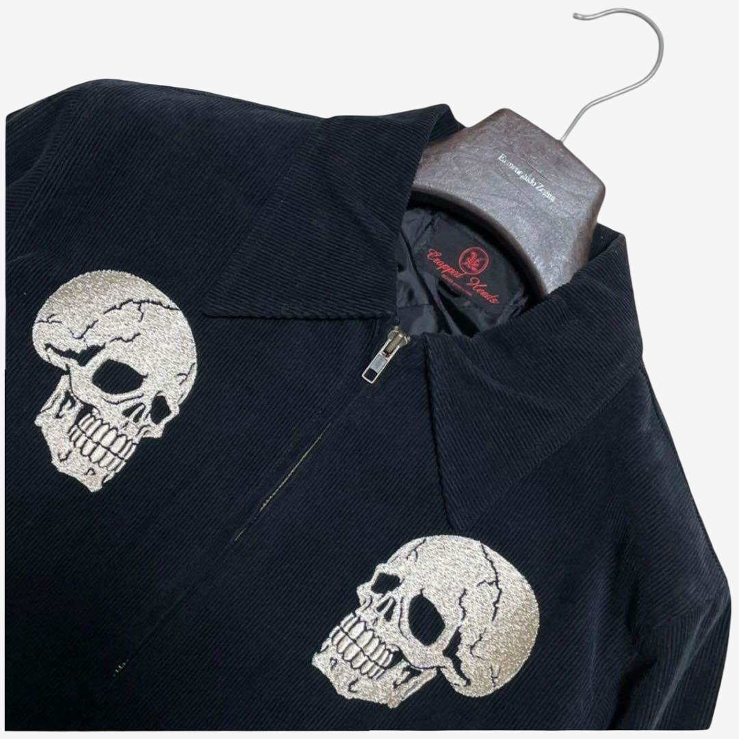 Rare Cropped Heads “REPAIR Production” Japanese Embroidered Skull × Snake × Kiku Chrysanthemum × Spider Web Jacket | Black Cotton Corduroy | Size M